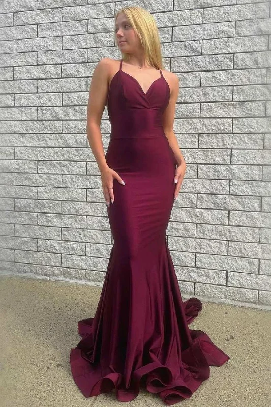 Vintage Style Deals Burgundy V-Neck Lace-Up Back Trumpet Long Prom Gown Y4623 Luxury Style