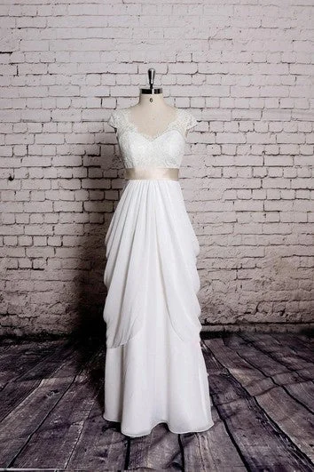 Get The Latest Trends Cap Sleeve V-Neck A-Line Long Chiffon Dress With Satin Band Nordic Minimalist Home Look