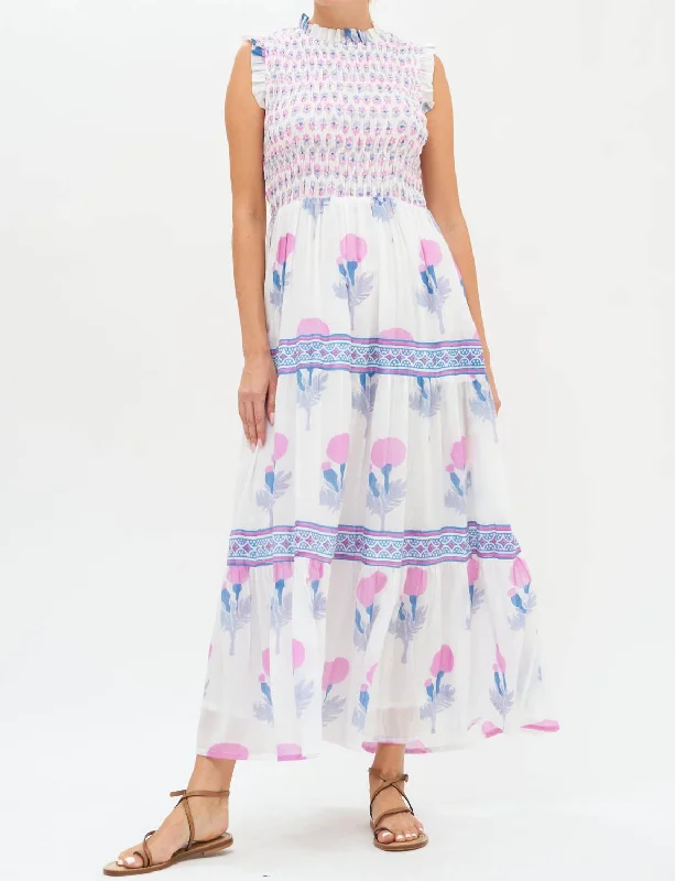 Modern Chic Discounts Sleeveless Smocked Maxi Dress In Pink Bloom Early Access To Art Deco Styles Sale