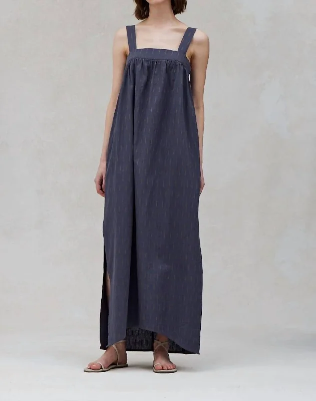 Chic And Edgy Embroidered Linen & Cotton Maxi Dress In Deep Lake Sophisticated Cut