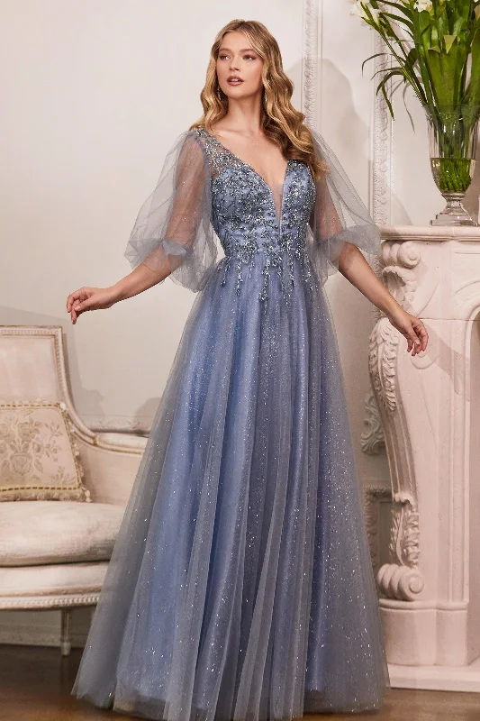 Contemporary Casual Deals Cinderella Divine CD0182 Long Sleeve Mother of the Bride Long Tulle Dress Smoky Blue Romantic Date - Night Ensemble
