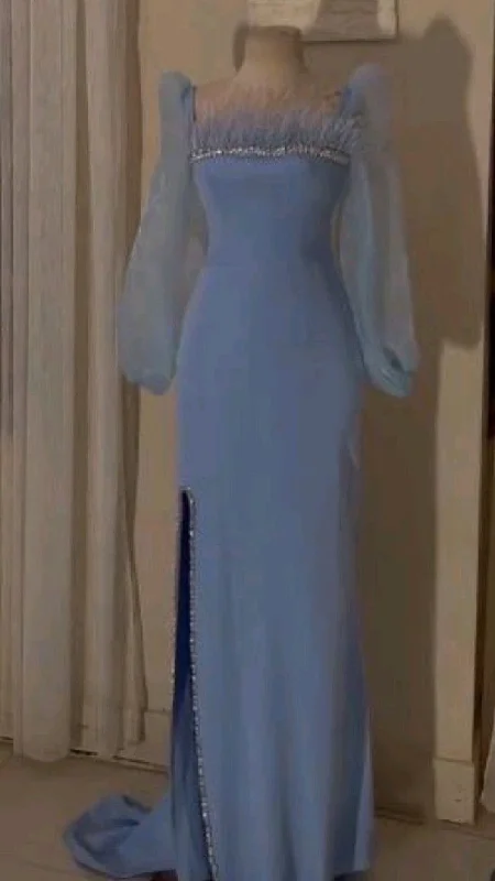 New Styles Just In Elegant Blue Sequins Feathers Evening Dress Long Slit Prom Dress Party Gown Y7587 Vintage Retro Party Wear