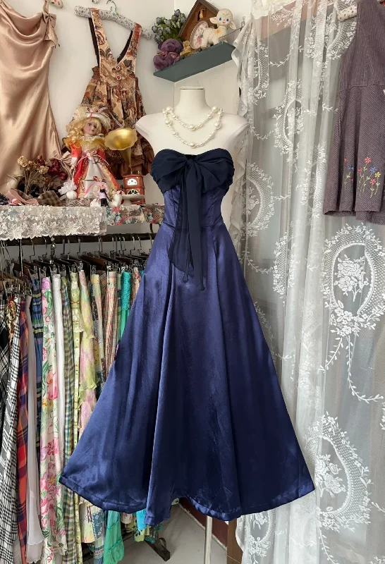 Gift Ideas Navy Blue Strapless A-Line Satin Vintage Long Prom Dress Formal Party Dress, D326 Flash Sale