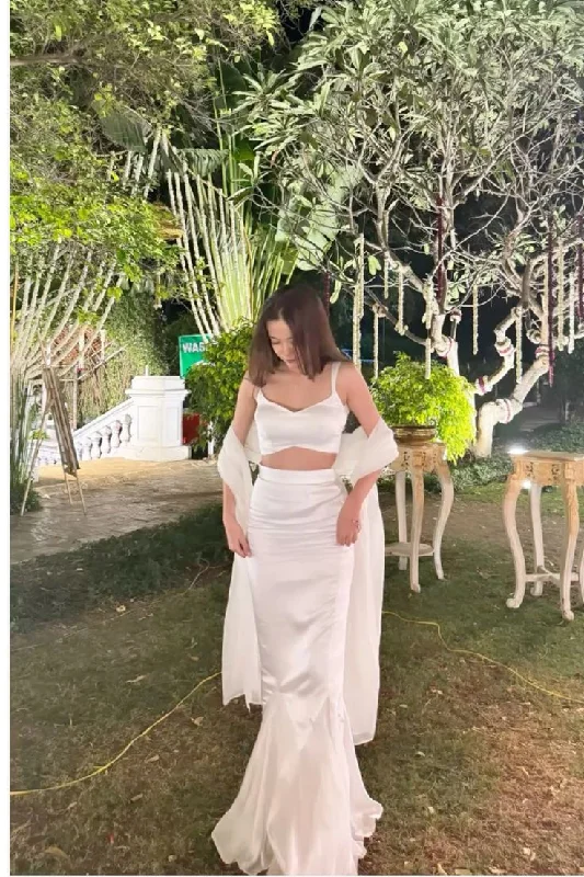Explore What'S New White 2 Pieces Straps Sheath Satin Long Party Dress Birthday Outfits, D252 Feminine Soft - Hued Styles