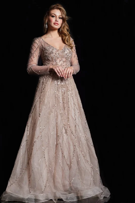 Fashion-Forward Jovani 38589 Long Sleeve Beaded A Line Formal Dress Urban Sophistication