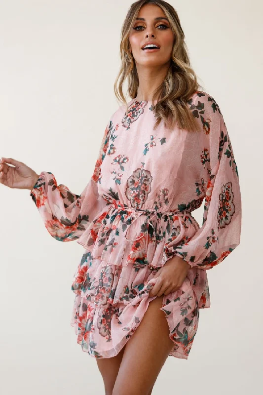 Flash Sale, Don'T Miss Odessa Long Sleeve Layered Ruffle Dress Floral Print Pink Flash Deals