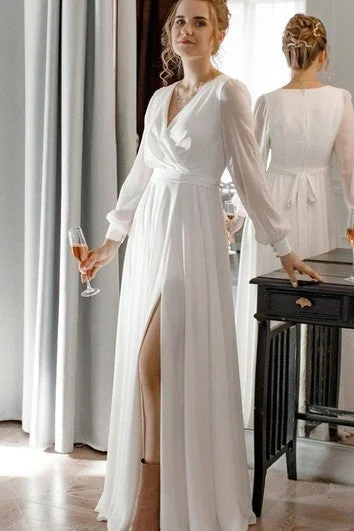 Classic Modern Offers Elegant A Line Chiffon V-neck Wedding Dress with Sash and Split Front Lightweight Fabric