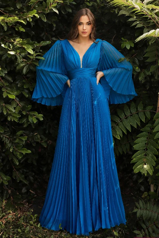 Fashion Sale Cinderella Divine CD242 Long Sleeve Pleated Formal Prom Dress Teal Romantic Flair