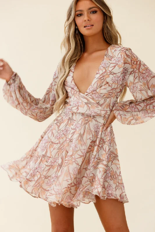 Luxury Fashion Discounts Jessinta Long Sleeve Pintuck Waist Dress Floral Print Nude Subtle Sophistication