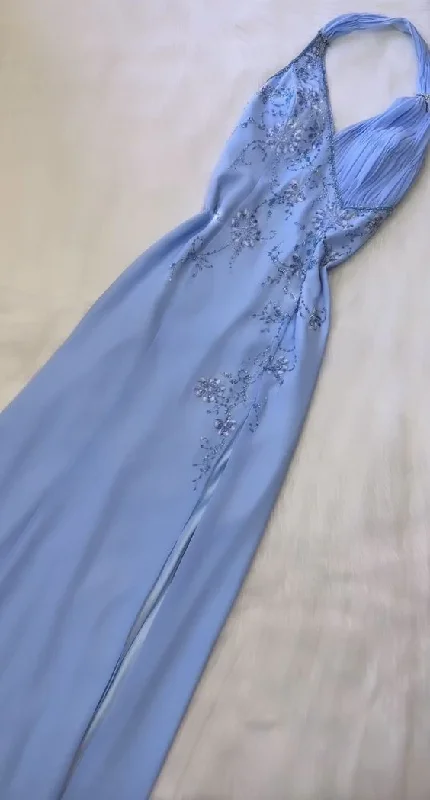 Huge Price Cut Blue Halter A Line Long Prom Dress Chic Beeaded Formal Party Dress Evening Gown Y7562 Rustic Countryside Charm Look