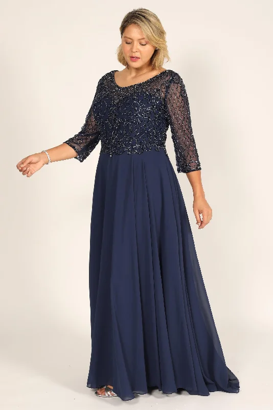 Snag Fabulous Fashion Bargains Long Sleeve Hand Beaded Mother of The Bride Dress Navy Hollywood Glam Award - Show Style