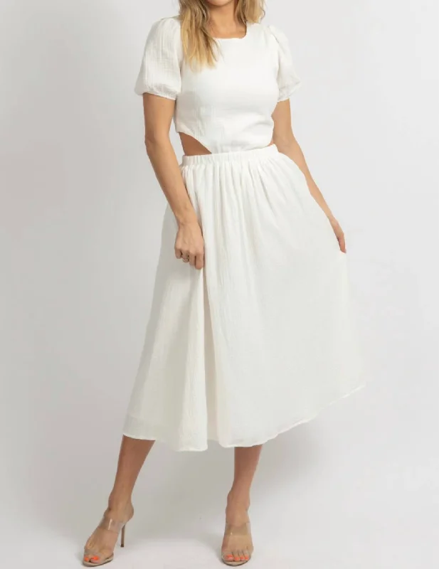 Huge Price Cut Puff Sleeve Waist Cutout Midi Dress In Ivory Casual Weekend Relaxed Style