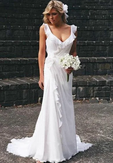 New Season Fashion Preview Sale Elegant V-neck Chiffon Ruffles Sleeveless Wedding Dress Bridal Gowns Weekend Special