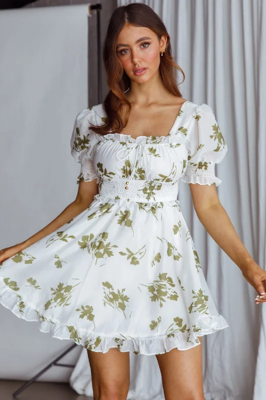 Cozy Comfort Style Sale Summer In Paris Puff Sleeve Open Back Dress Floral Olive Discounts On Casual Weekend Styles