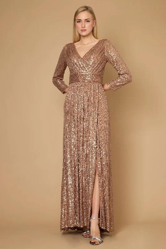 Classic Chic Deals Long Sleeve Sequin Formal Hand Beaded Dress Bronze Subtle Sophistication