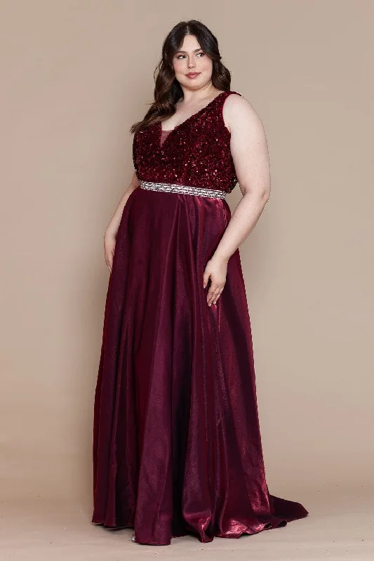 Avant-Garde Style Promotions Plus Size Long Sequin Bodice Satin Dress by Poly USA W1006 Big Savings On Minimalist Office Styles