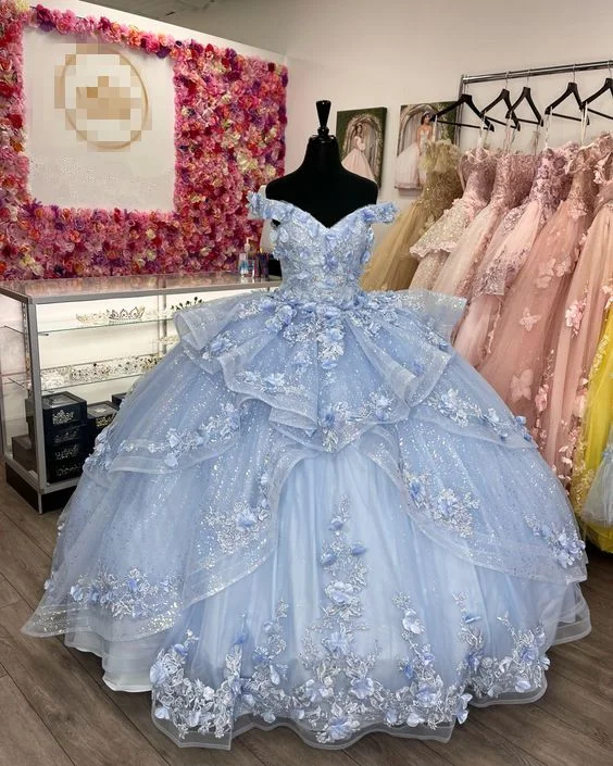 Minimalist Fashion Sale Gorgeous Blue Off The Shoulder Tulle Appliques Ball Gown Birthday Quinceanera Dress Y7835 Feminine Elegance