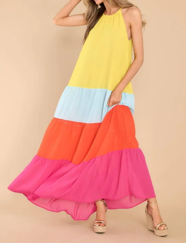 Day-To-Night Styles The Rainbow Rays Colorblock Maxi Dress In Multi Bold Patterns