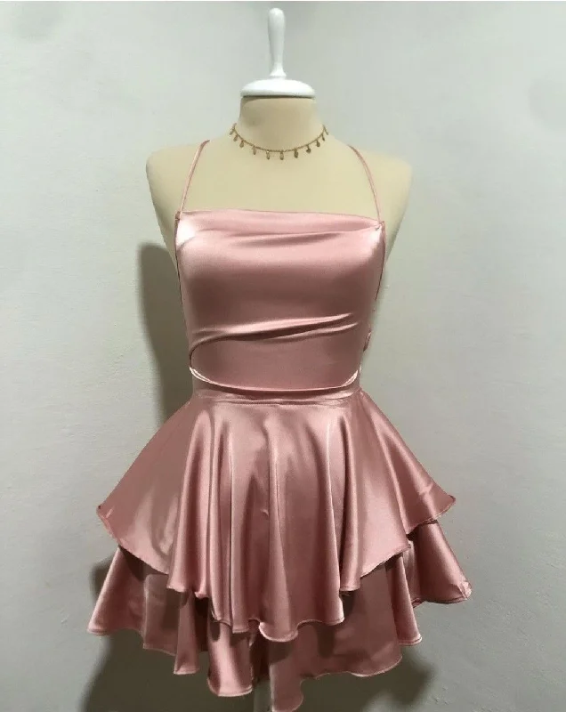 Fashion Forward Lovely Pink Straps A-Line Satin Short Party Dress Homecoming Dress MD7466 Minimalist Office - Ready Style