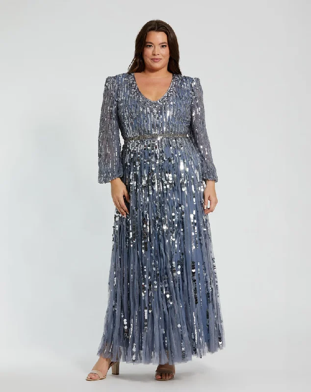 Seasonal Fashion Mac Duggal 10019 Long Sleeve Formal Sequin Plus Size Dress Everyday Glamour