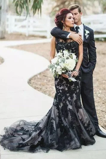 Vintage-Modern Style Offers Mermaid Lace Bateau Sleeveless Floor-length Sweep Train Wedding Dress Feminine Grace
