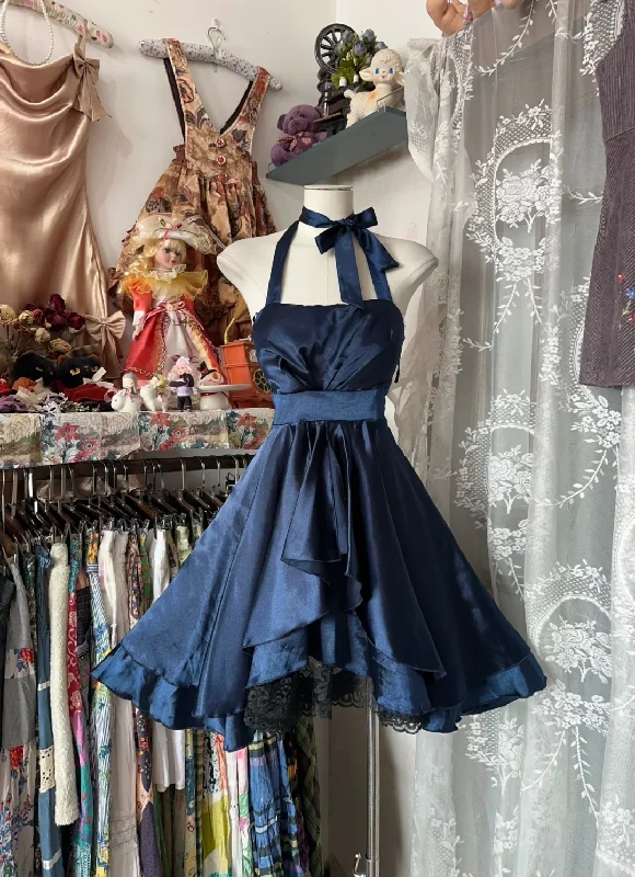 Hurry Before It'S Gone Navy Blue Halter A-Line Satin Vintage Short Party Dress Homecoming Dress, D341 Seasonal Trend