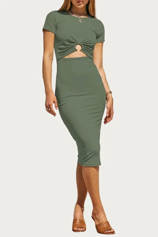 Urban Style Promotions Short Sleeve Solid Rib Midi Dress In Moss Green Contemporary Chic