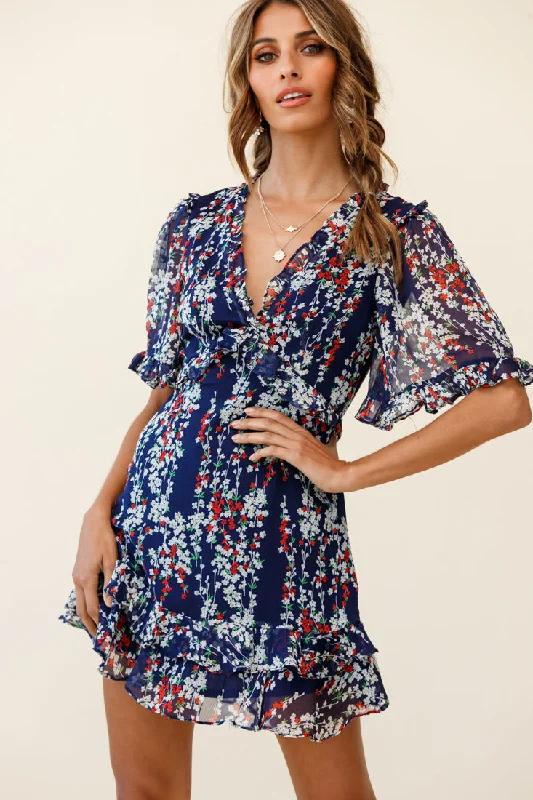 Flash Sale Starts Sincerely V-Neck Double Frill Hem Tea Dress Floral Print Navy Final Clearance