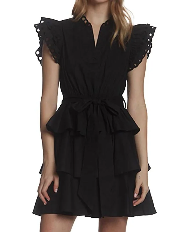 Hurry Before It'S Gone Eyelet Ruffle Trim Belted Mini Dress In Black