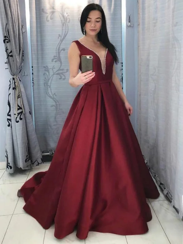 Hot Trends Deep V Neck Backless Burgundy Satin Long Prom Dresses, Backless Burgundy Formal Dresses, Burgundy Evening Dresses Feminine Flow