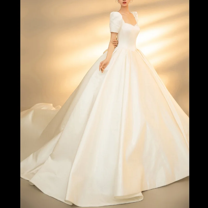 Playful Fashion Offers Puffy Short Sleeve Satin Wedding Dress with Queen-Anne Neckline Effortless Sophistication