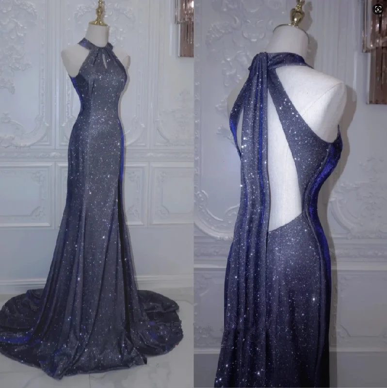 Insane Discount Onslaught Shiny Navy Halter Backless Mermaid Satin Long Formal Prom Dress, D197 Contemporary Chic