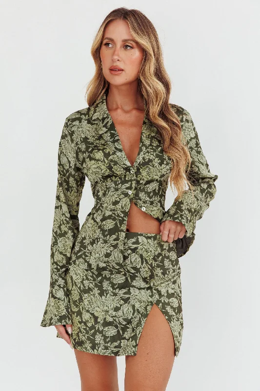 Romantic Chic Deals Palmas Split Mini Skirt Floral Olive Feminine Soft - Hued Styles