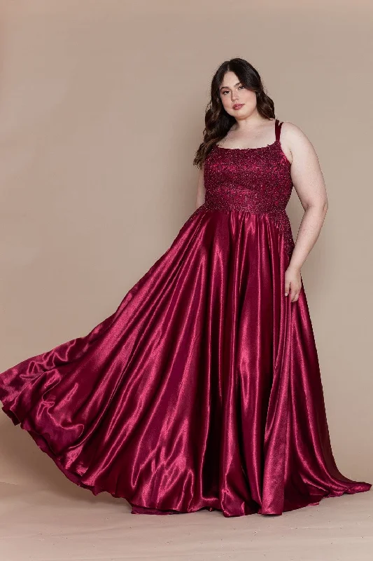 Relaxed Style Plus Size Embroidered Long Satin A-line Dress by Poly USA W1094 Refined Simplicity