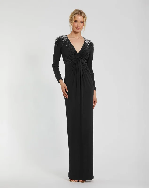 Latest Trends Mac Duggal 44063A Fitted Long Sleeve Formal Beaded Evening Dress Bold Patterns