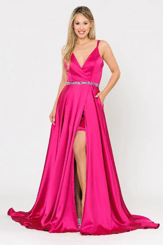 Fashion Deal Long Satin V-Neck Dress with Short Skirt by Poly USA 8604 Early Access To Art Deco Styles Sale