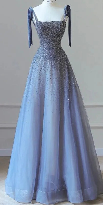 Daily Deals Luxurious Spaghetti-Strap Tulle Beaded A-Line Prom Dress Blue Sparkly Evening Dress Ball Gown Y7628 Contemporary Elegance