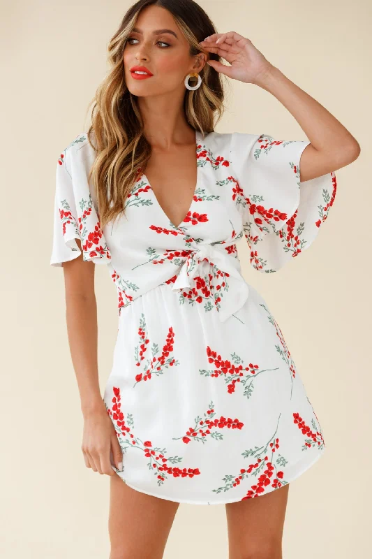 Fashion Forward Femininity Stealing Hearts Flutter Sleeve Wrap Front Dress Floral Print White Ethnic Cultural Event Wear