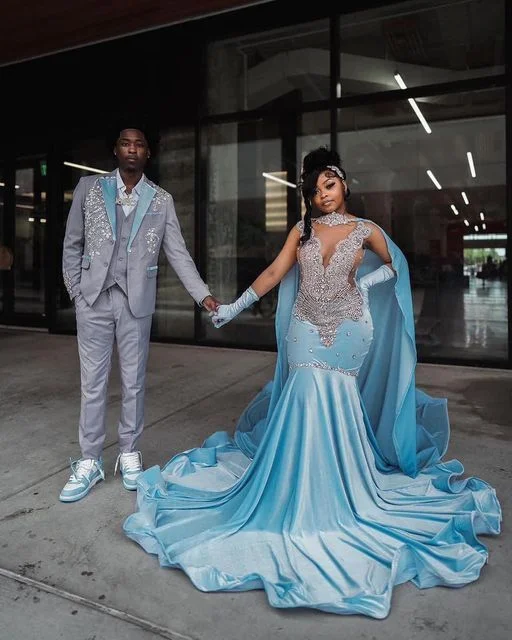 Luxury Fashion Discounts Sky Blue Velvet Silver Crystal Evening Dress,Luxurious Evening Gown Y5764 Feminine Charm