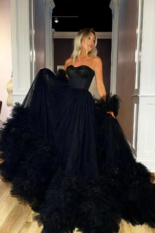 Contemporary Fashion Sale Black Strapless Tulle Long Ball Gown, A-Line Evening Dress Y1797 Elegant Contour