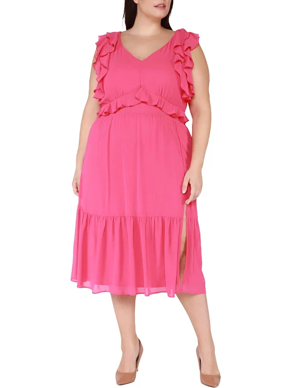 Seasonal Sale Plus Womens Ruffled Flutter Sleeve Midi Dress Feminine Grace