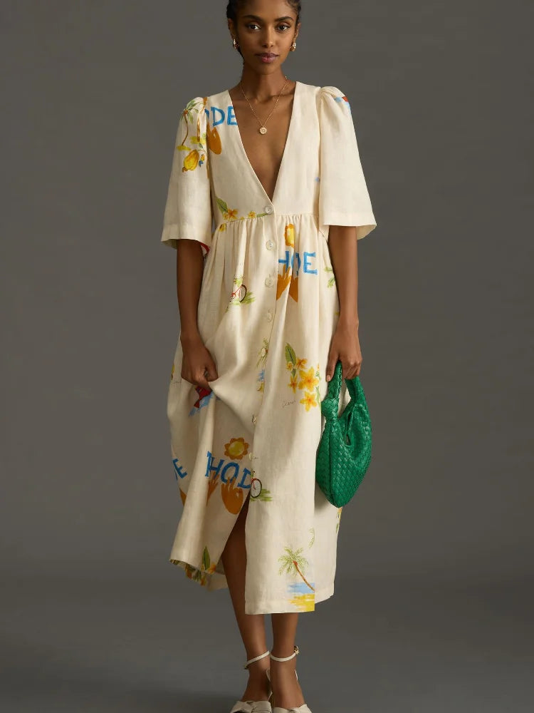 Women's Athletic Apparel Relaxed Style Danica - Flattering printed linen midi dress
