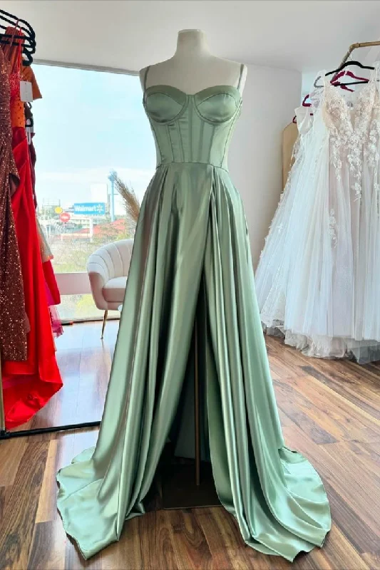 Chic And Edgy Sage Green Corset A-line Satin Long Formal Dress Minimalist Chic