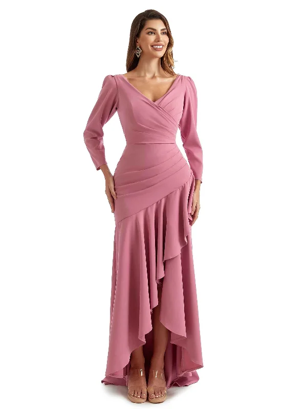 Flash Sale Now Elegant Mermaid Ruffles Long Sleeves Stretch Crepe High Low Formal Wedding Guest Dresses Casual Elegance