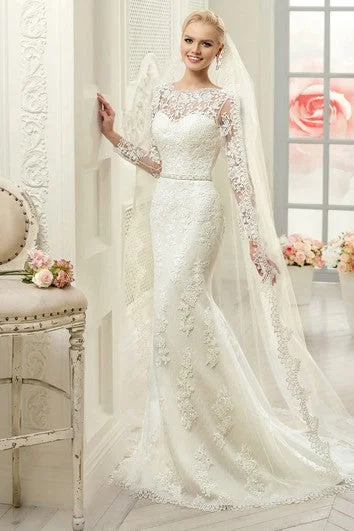 Premium Fashion Sheath Maxi Bateau Long-Sleeve Deep-V-Back Lace Dress With Appliques And Waist Jewellery Feminine Soft - Hued Look