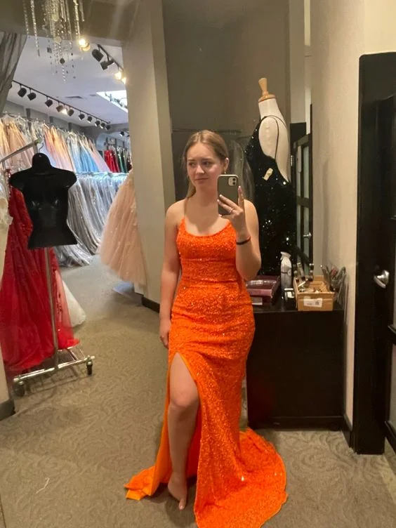 Trend Alert Sparkly Orange Prom Dresses Sleeveless Sequined Slit Evening Gown Y7012 Boho - Chic Festival - Ready Style