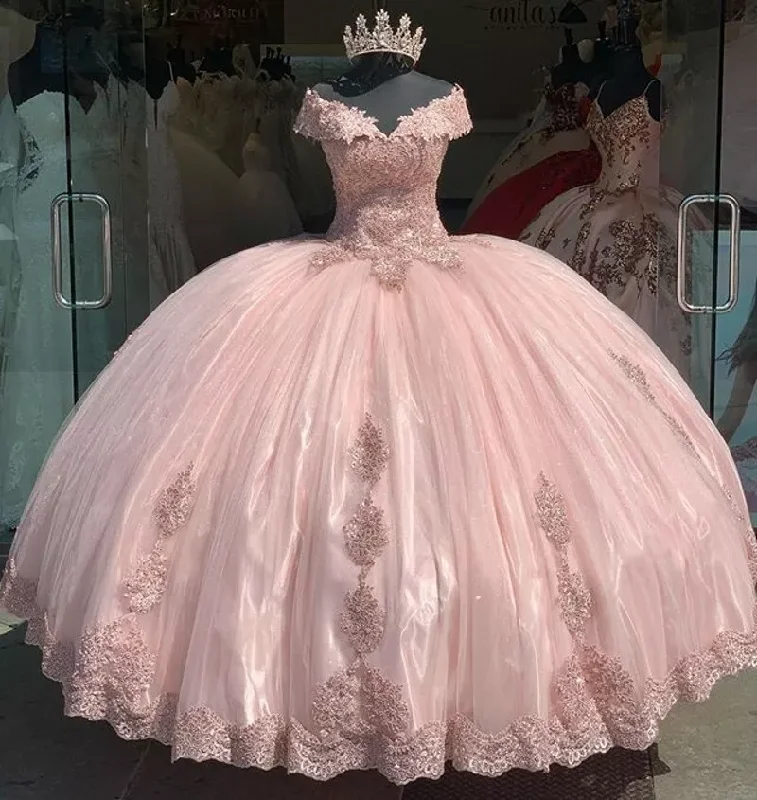 Limited Time Offers Sweet Pink Off The Shoulder Tulle LaceAppliques Ball Gown Quinceanera Dress Y7728 Elegant Ensemble