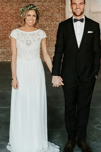 Sophisticated Style Offers Chiffon Lace Brush Train Sheath Short Sleeve Vintage Wedding Dress with Pleats Classic Timeless Elegant Style