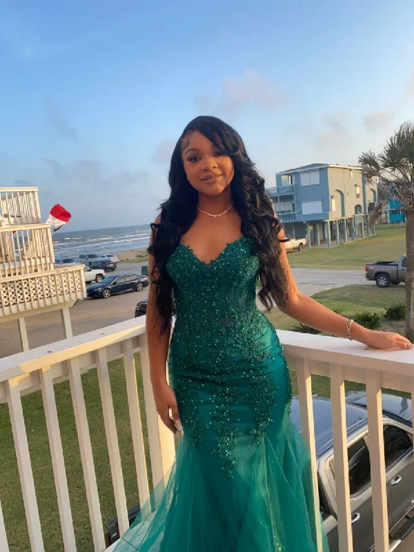 Buy More, Save More Dark Green Mermaid Tulle Lace Prom Dress Winter Formal Gown  Y4169 Luxe Layering