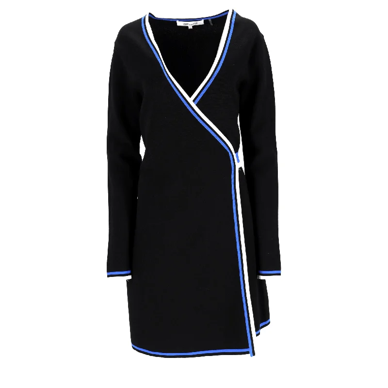 Romantic Chic Deals Diane Von Furstenberg Mini Wrap Long Sleeve Dress in Black Viscose Vibrant Prints